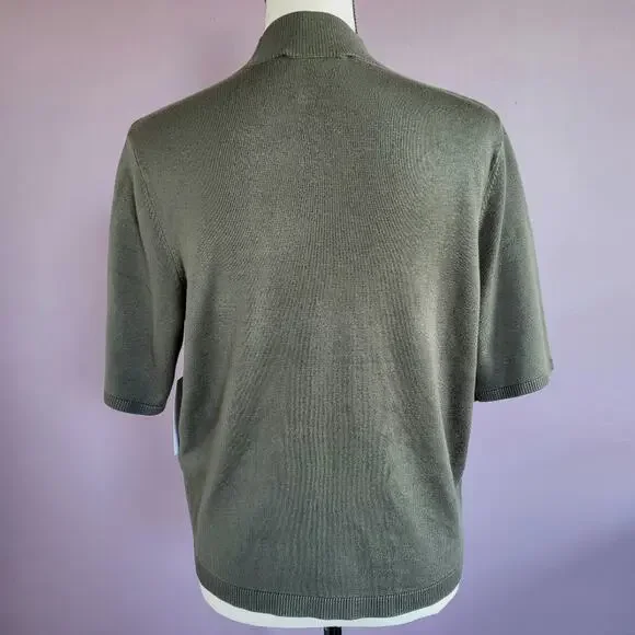 NWT DKNY Jeans Olive Green Short Sleeve Mock Neck Rhinestone Logo Knit Top - Picture 9 of 12